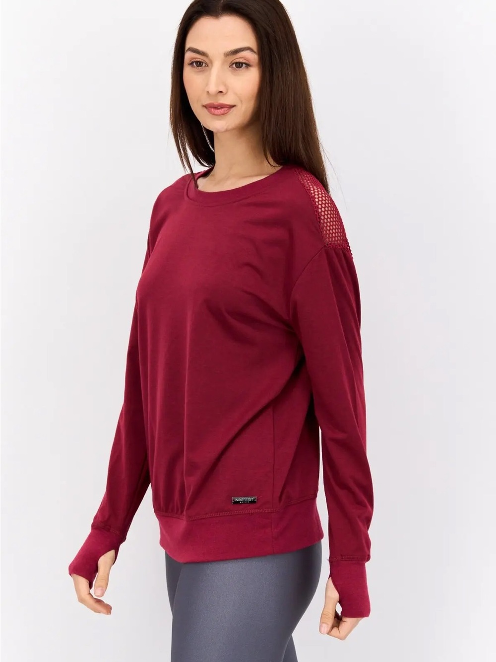 Nine West Wine Mesh-Accent Long Sleeve Pullover